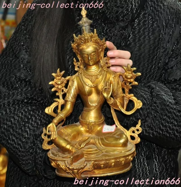 12.4" Tibet Buddhism temple bronze Gilt green Tara KwanYin GuanYin Buddha Statue