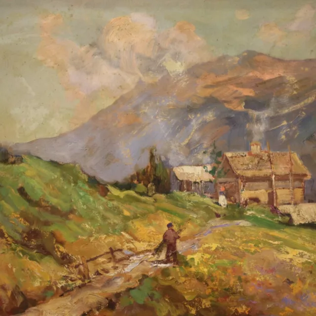 Tableau huile paysage signé peinture bucolique montagne 20ème siècle 900