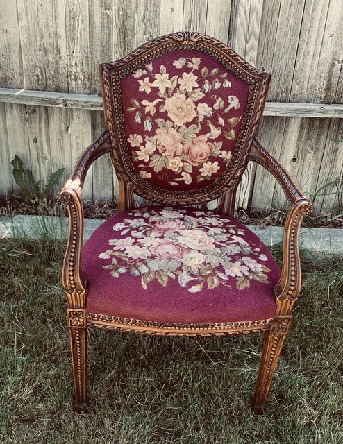 1700’s Antique French Armchair Tapestry Needlepoint Carved Fauteuil Louis XV-XVI