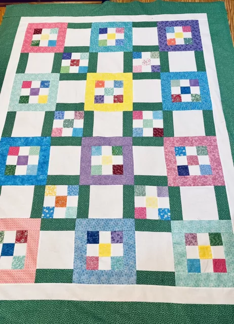 QUILT TOP~GREEN & COLORFUL~56”X 72”.  BABY, CRIB, SOFA, LAP, Decor~Pieced.U.S.A.