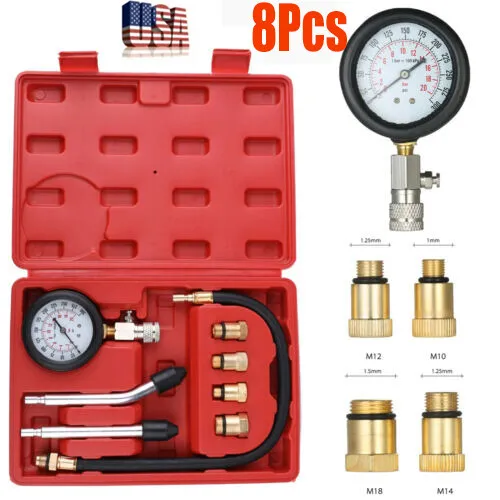 8 Pcs Cylinder Compression Tester Gas Engine Gauge Kit Tool Auto Car Motorcycle