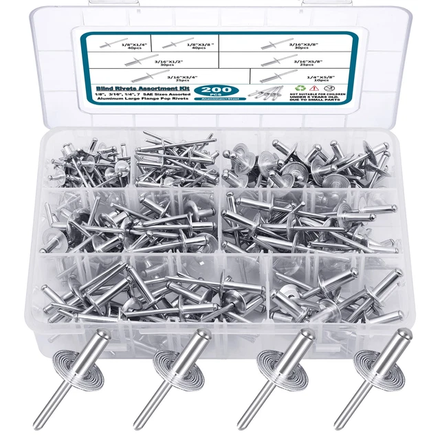 Pop Rivets Assortment Kit, Large Flange Aluminum Rivets(1/8"