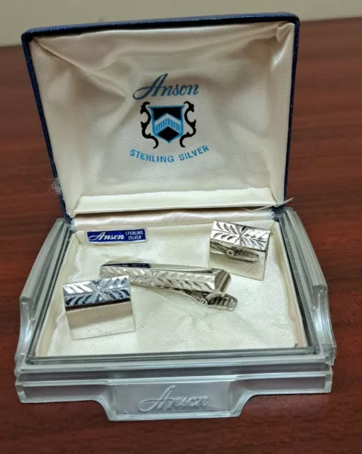 Vintage ANSON Sterling Tie Bar Tie Clip & Cufflinks 60s Starburst Engrave Design
