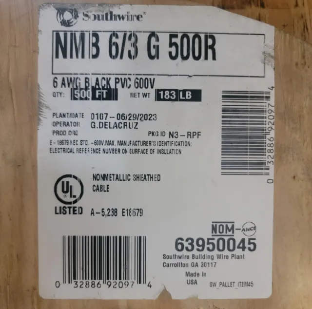 Southwire NMB 6/3 G 600-Volt Black Electrical Wire Cable 6AWG YOU PICK LENGTH