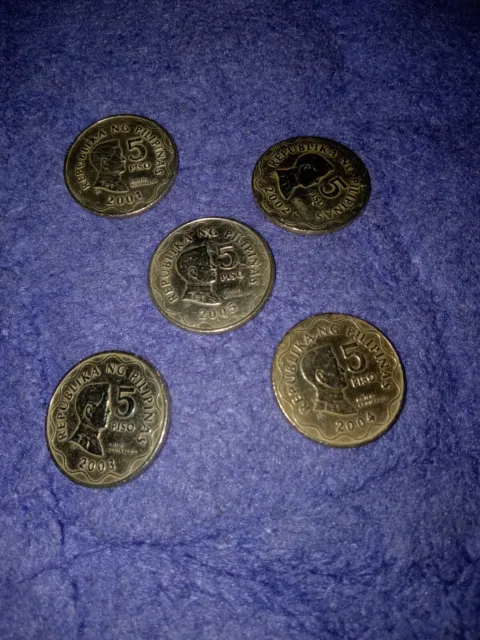 5 Philippines 5 Pesos Coins 2001-2002-2003-2004-2005 KM#272 Nickel Brass VF
