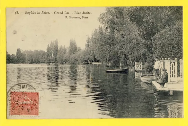cpa 95 - ENGHIEN les BAINS en 1904 (Val d'Oise) Grand LAC Rive Droite PÊCHEURS