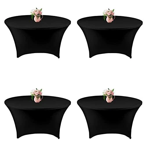 Black Spandex Tablecloth Round 4 Pack Fitted Table Covers for 48 inch 4FT Tab...