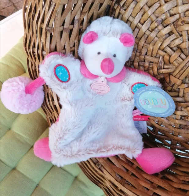 ⭐⭐⭐ DOUDOU ET COMPAGNIE Marionnette Hérisson Rose LOVERY Beige Bleu POMPON NEUF