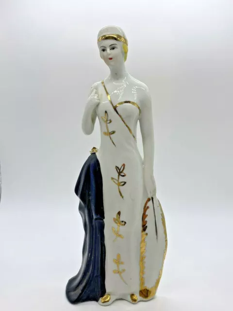 Elegante weiße, goldene & schwarze große Art Deco Flapper Stil Dame Porzellan Figur