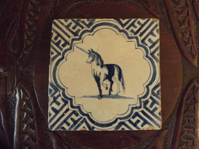 Antique Delftware  Unicorn  Tile  Circa 17th Century 13.3cmsq & 1.3cm thick
