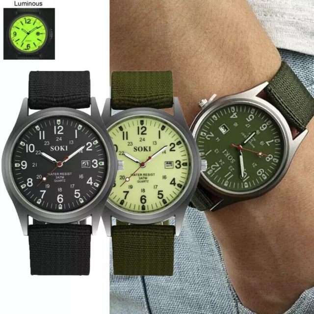 Armbanduhr Militär Herren Armee Stoff-Uhrenband Grün Quarz Watch Sport ~