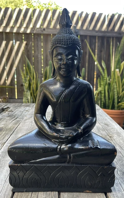 Vintage Hand Carved Thai / Thailand Buddha — Teak Wood Sculpture 14” Tall