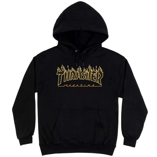 THRASHER UOMO FIAMMA Nero Giallo Manica Lunga Pullover Felpa