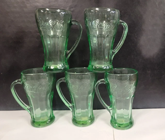 Set of 5 Green Coca-Cola Heavy Vintage Libbey Soda Glasses With Handle