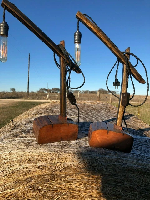 Rustic Pair Of Reclaimed Barn Beam & Barrel Staves Cantilever Table Lamps