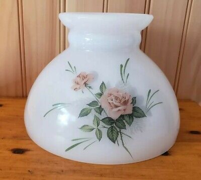 Vintage Milk Glass w/Pink Rose Floral Design GWTW Shade Globe 8" Fitter