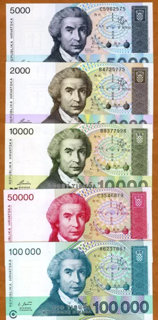 SET, Croatia, 2000;5000;10000;50000;100000 1992-1993, P-23;24;25;26;27 UNC