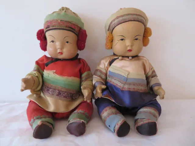 Pair Of 10” Vintage 1940’s  Chinese Baby Dolls-Composition-Silk Cloth-Some Flaws
