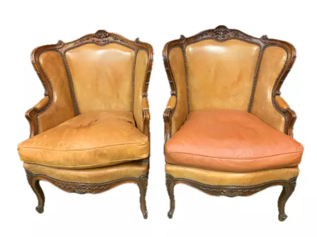 Prestigious Pair Of Ancient Armchairs Bergere For Fireplace Leather