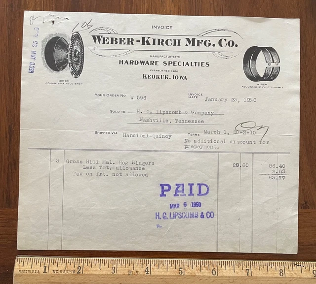 VINTAGE 1950 INVOICE WeberKirch Mfg hardware hog ringers flue stop