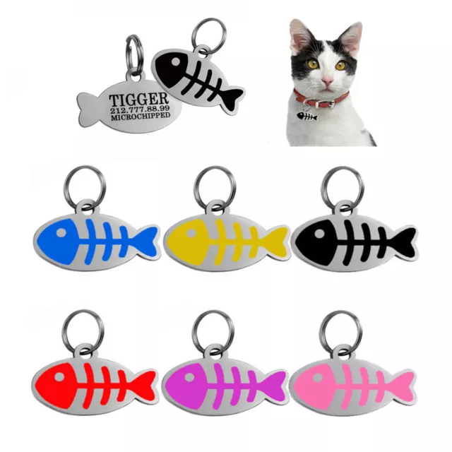 PET ID TAGS CAT Kitten Address/Name Disc ENGRAVED PERSONALISED Fish Tag