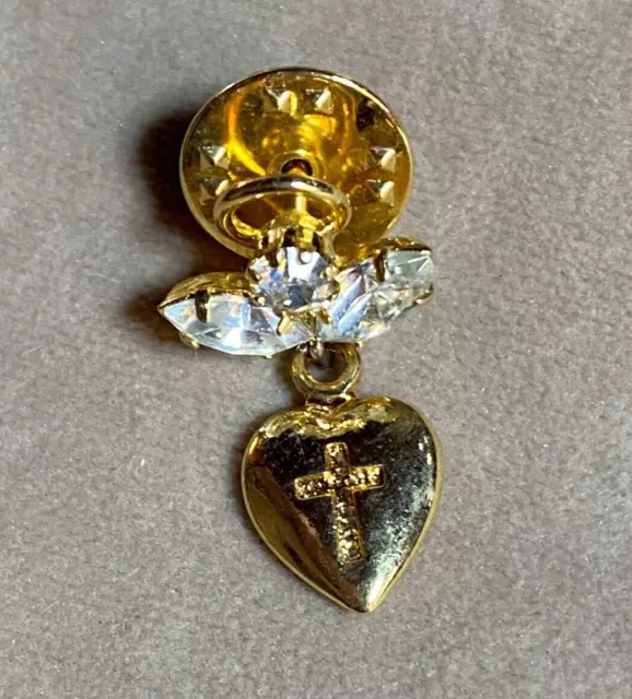 Vintage Rhinestone Heart DROP with CROSS Gold Tone Pin Brooch 1"