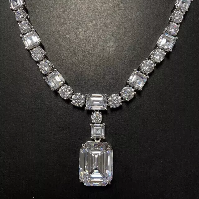 Damen 25Ct Smaragdschliff Künstlicher Diamant Tennis Halskette 14K Weiss Gold