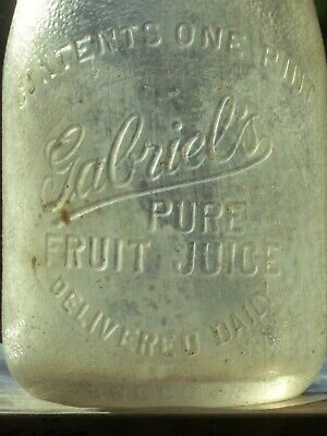 Rare embossed glass 1 pt. Gabriel's Pure Fruit Juice, milk shape bottle