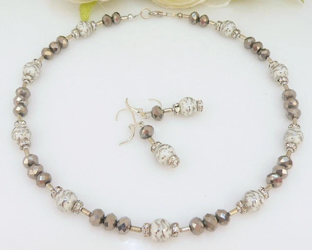 2er Schmuckset Halskette Collier Ohrringe Perlen Glas weiß silber  Strass 156e