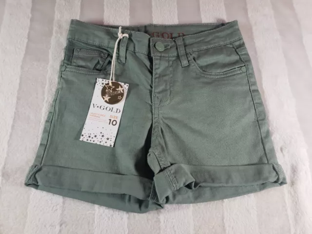 V GOLD Vigoss Girls Roll Cuff Bermuda Shorts Adjustable Waist Olive Green 10 NWT