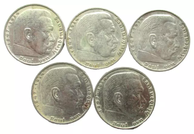 Drittes Reich Lot 5 x 5 Reichsmark 1935 A D F E G Paul von Hindenburg