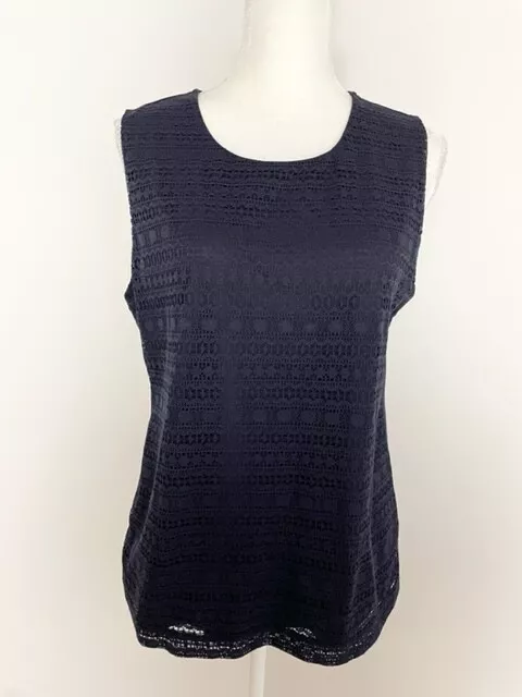 Ann Taylor Womens Sleeveless Tank Top Blouse Size L Navy Blue Scoop Neck Lace