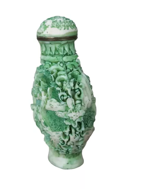 Vintage Chinese Carved Resin Snuff Bottle Cream and Green Signed to Base 2