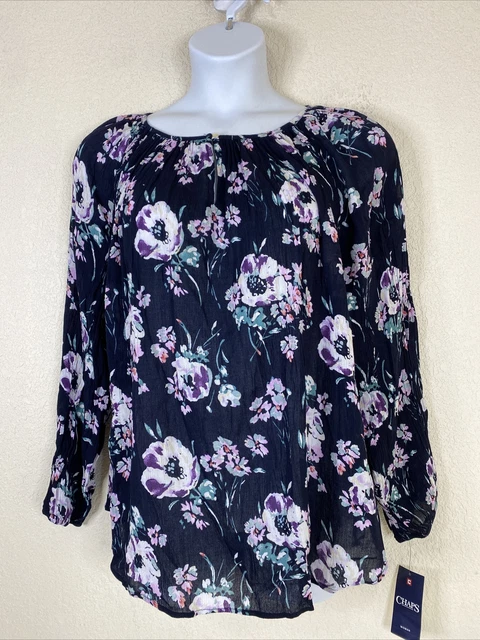 NWT Chaps Womens Plus Size 1X Blue Floral Gauze Blouse Long Sleeve
