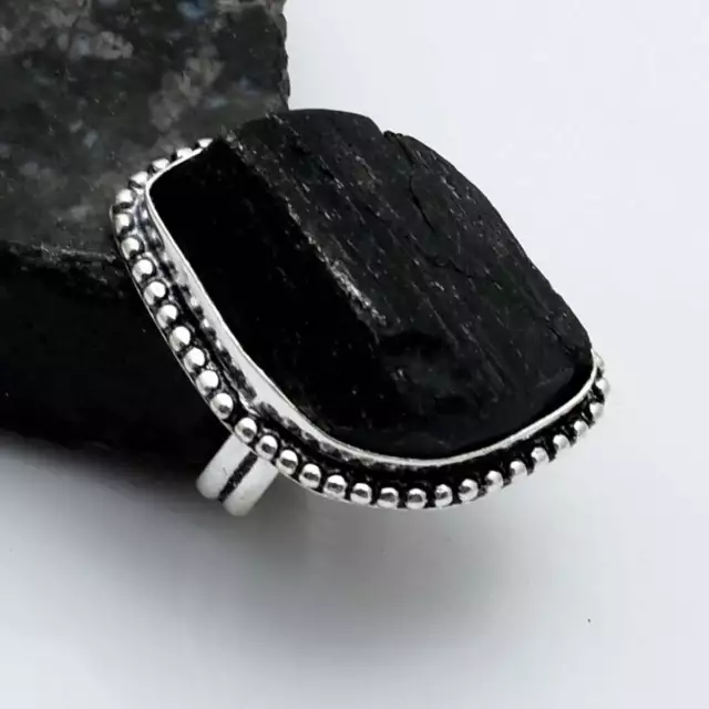 BLACK TOURMALINE GEMSTONE Handmade Woman Ring Jewelry US Size-7.25 AR ...
