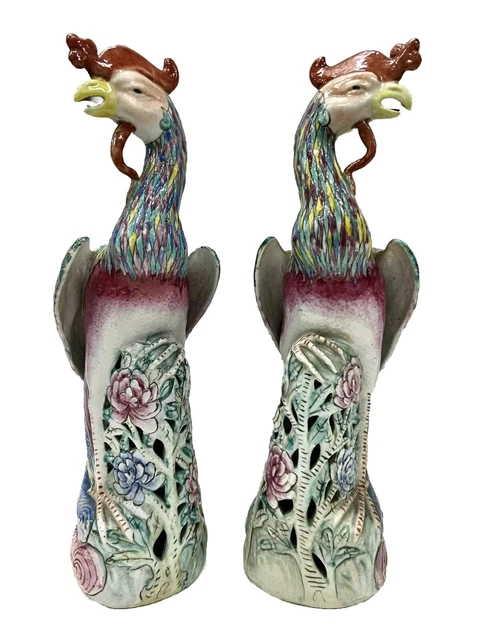 Large Pair of Early 20th Century Chinese Export Polychrome Porcelain Roosters