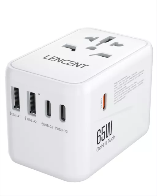 LENCENT Gan III Universal Travel Adapter with PD 65W Fast Charging Type C Ports