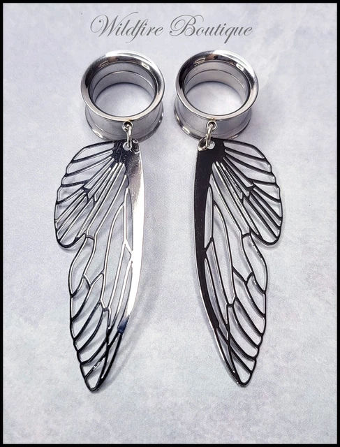 Pair Silver Chic Dragonfly Wings Dangles on Silver Tunnels Gauges 6mm-30mm