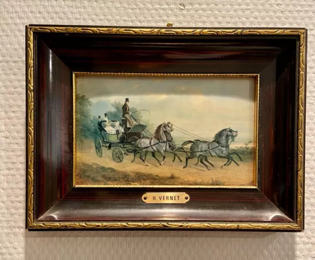 Plaque émaillée - cadre bois - la calèche - Horace Vernet - Reprod. - 20 x 14,5