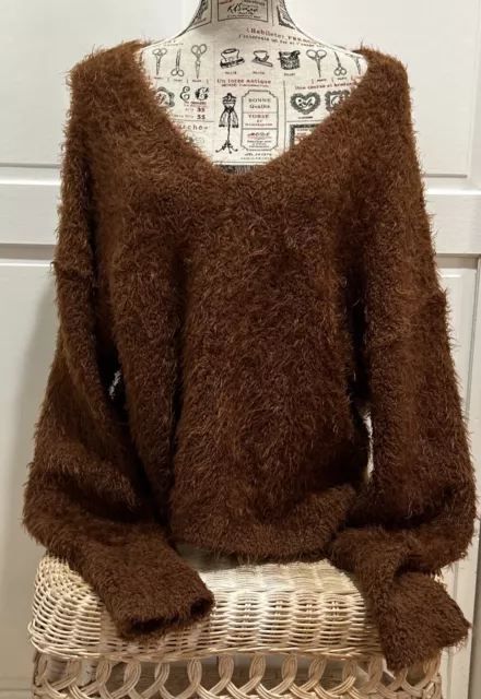 Free People Brown Fuzzy Over Sized Sweater Sz Small Slouchy Deep V