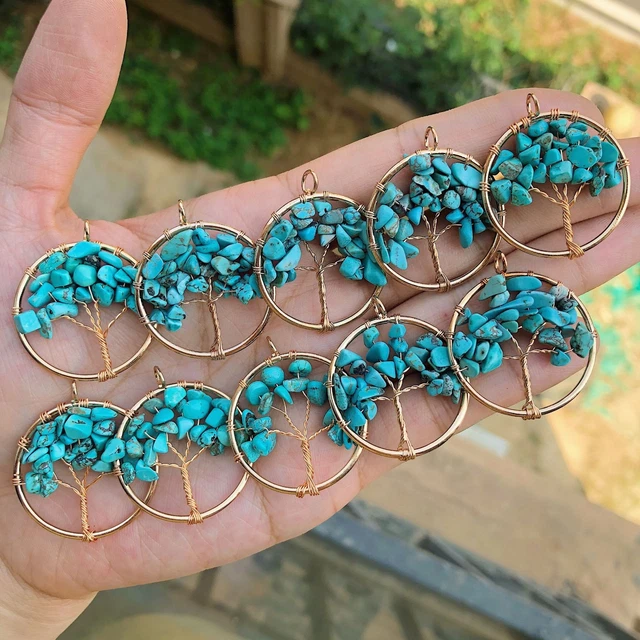 10pcs Yoga Turquoise Gems Stone Tree Of Life Pendants Reiki Healing Amulet