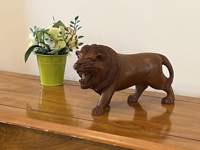 Vintage Old Lion Statue Handcrafted Wooden Lion Burma Myanmar Statue