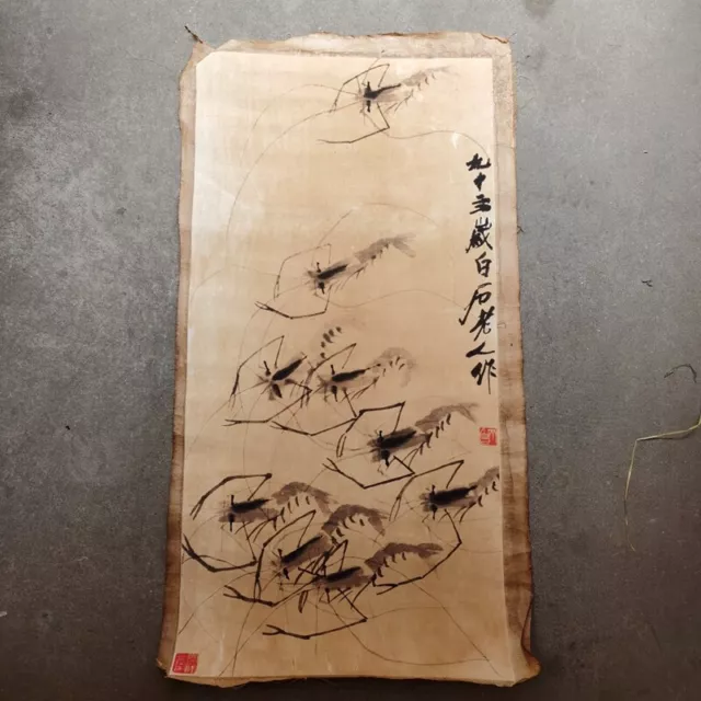 Old Chinese calligraphy Scroll painting Hand Painted“Qi Baishi shrimp" painting