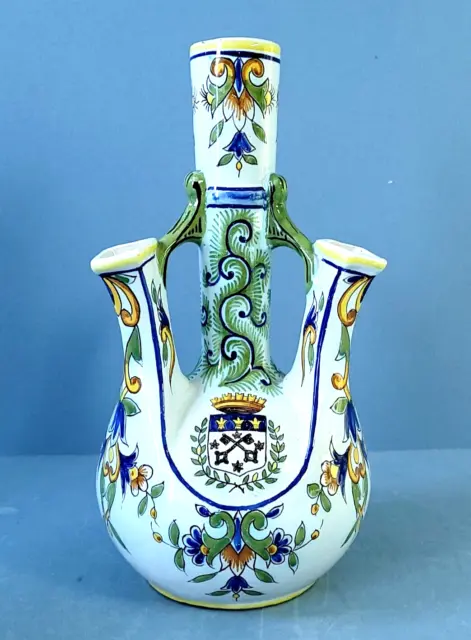 Antique FOURMAINTRAUX DESVRES ARMOURIAL faience Four Spouted Vase, Hand Painted