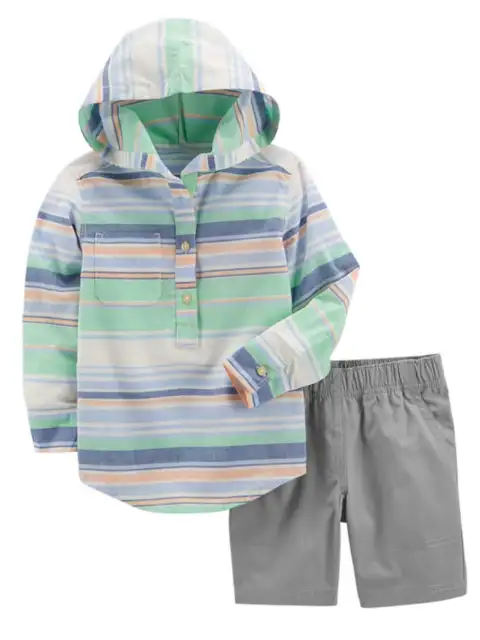 Carters Infant & Toddler Boys Green Blue Striped Baby Outfit Hoodie & Shorts Set
