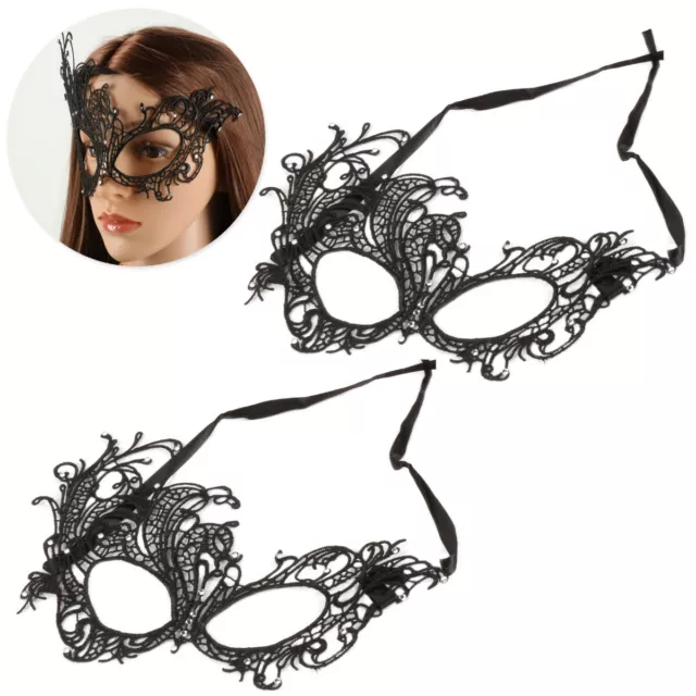 2x BLACK VENETIAN EYE MASKS Lace Diamante Elegant Masquerade Ball Fancy Dress