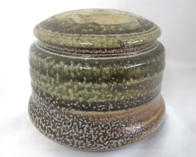 ART STUDIO POTTERY lidded jar-canister in greens & browns glaze.  MINT!