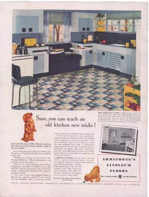 1941 Print Ad Armstrong's Linoleum Floors Gray Black Kitchen Cocker Spaniel Dog