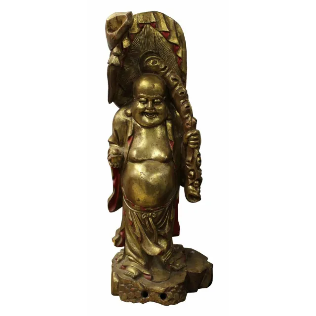 Wood Craved Standing Happy Buddha Painted Gold Color Holding Lotus & Money n194