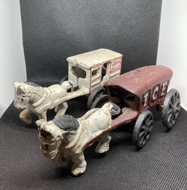 Antique/vintage Sand-Cast Iron Horse Drawn Ice Buggy & Horse Drawn Milk Cart Set